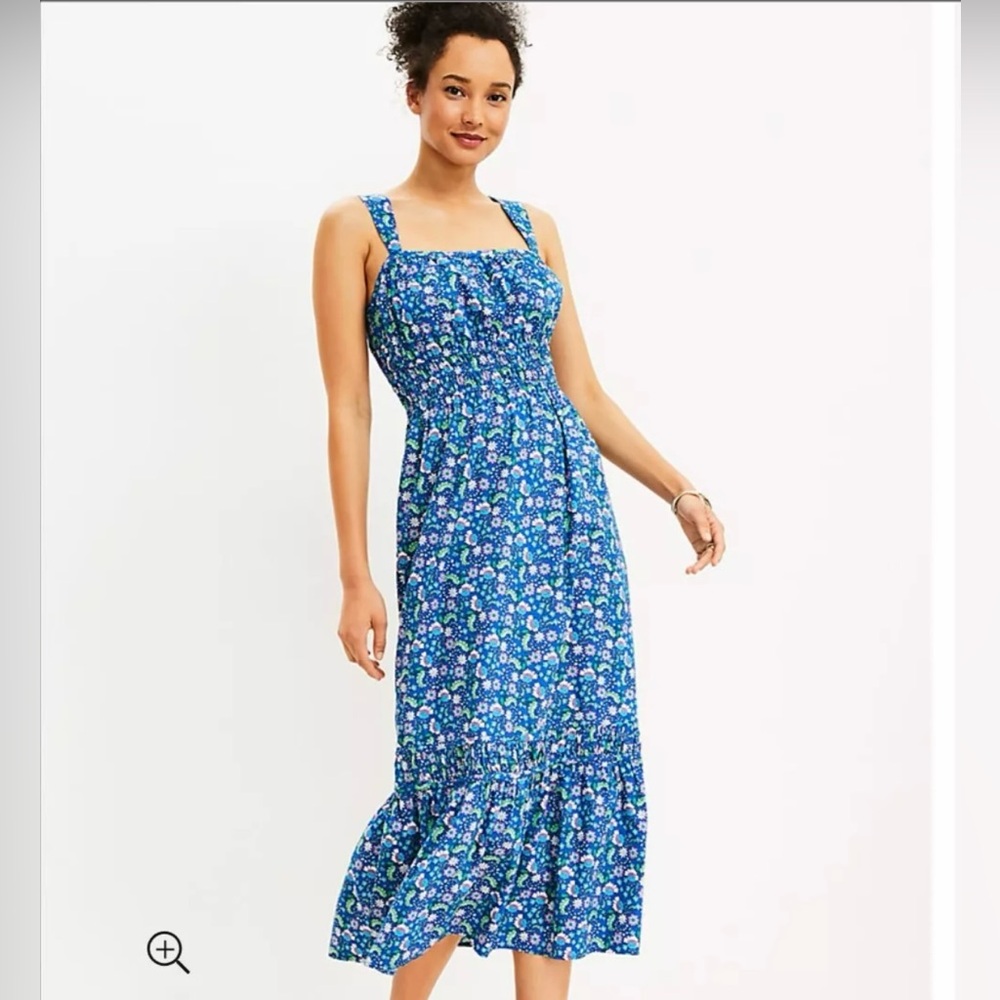 Loft Women’s Floral Shirred Flounce Maxi Dress Size XSP Wide Straps Cotton Modal